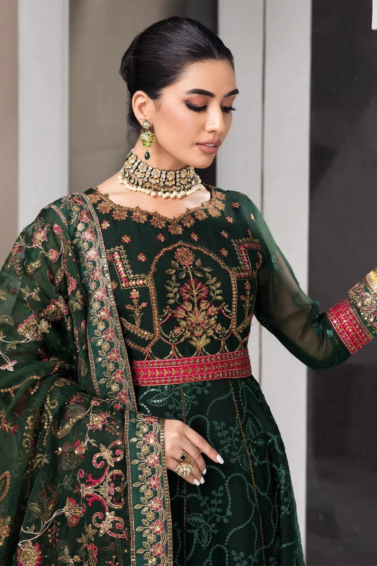 Heavily Embellished Bottle Green Pakistani Pishwas Wedding Dress