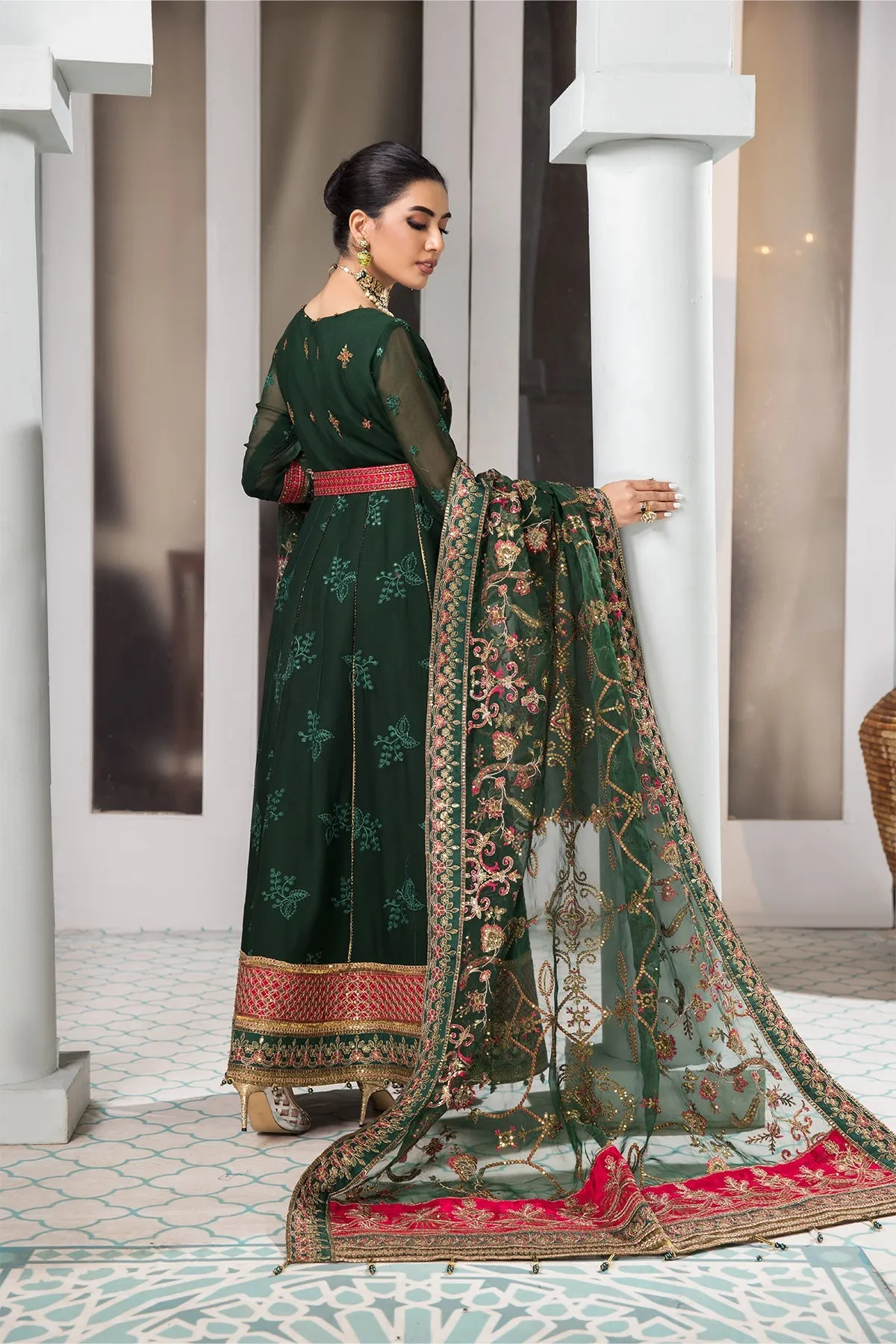 Heavily Embellished Bottle Green Pakistani Pishwas Wedding Dress