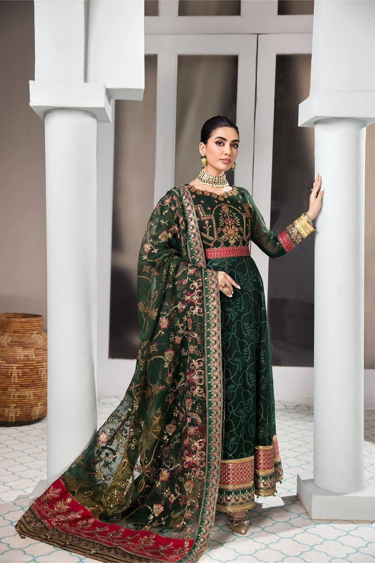 Heavily Embellished Bottle Green Pakistani Pishwas Wedding Dress