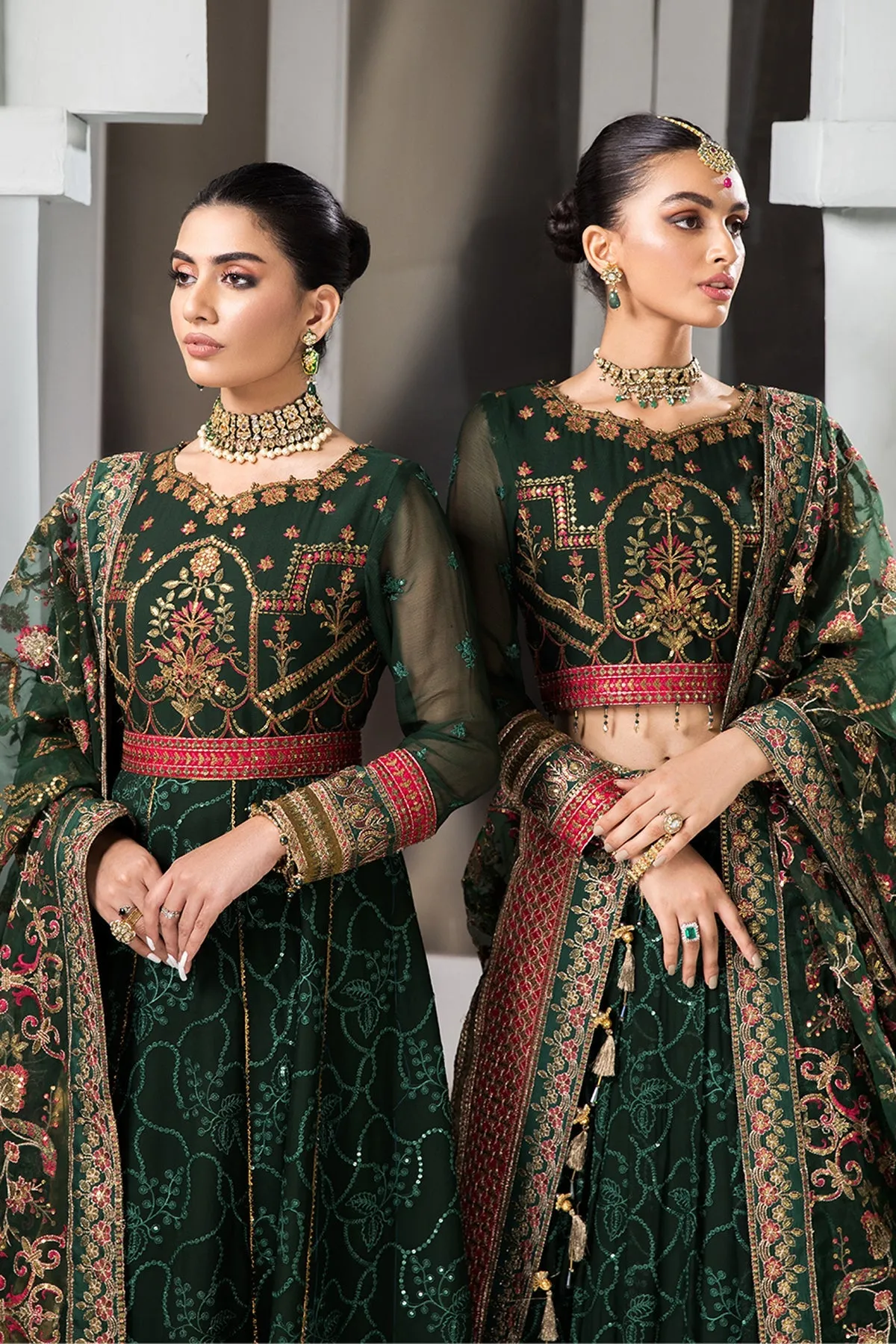 Heavily Embellished Bottle Green Pakistani Pishwas Wedding Dress