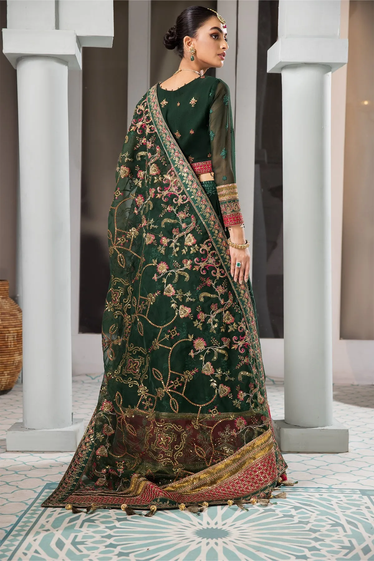 Heavily Embellished Bottle Green Pakistani Pishwas Wedding Dress