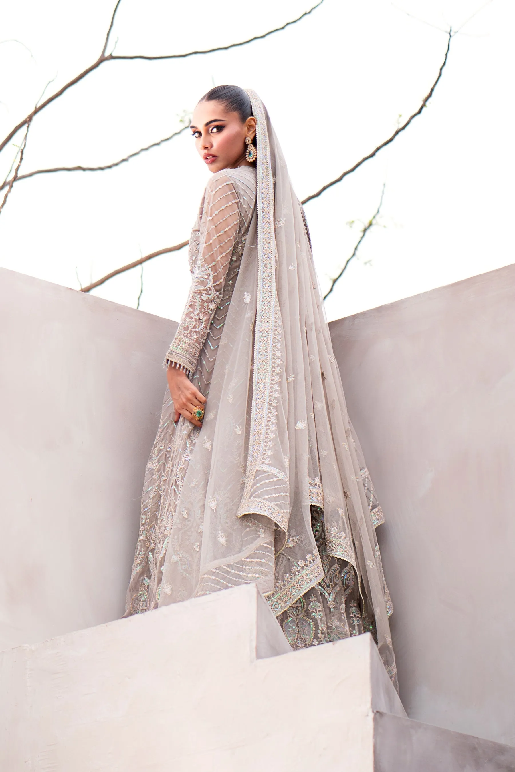 Heavily Embellished Grey Shade Pakistani Wedding Dress in Gown Style