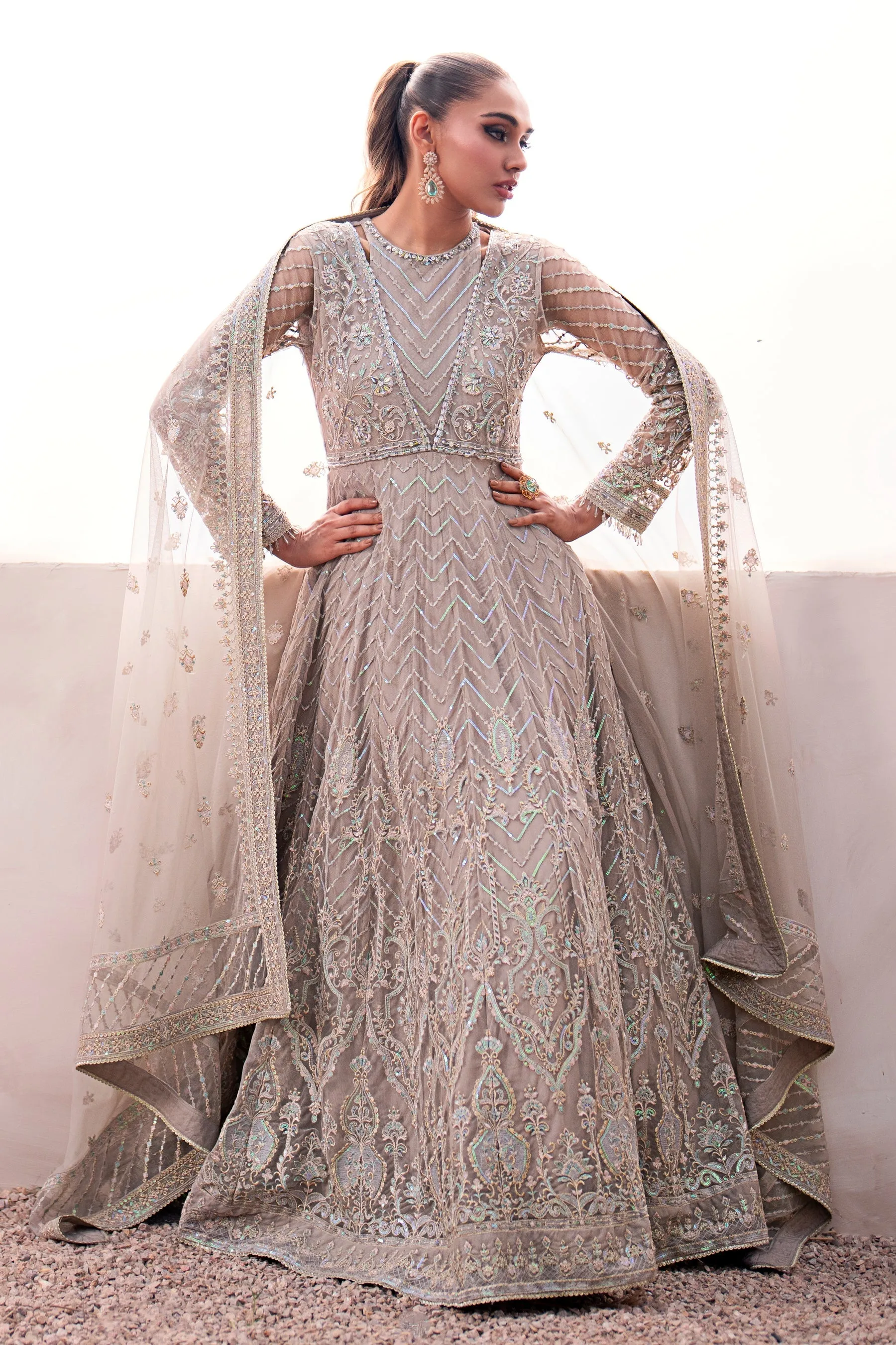 Heavily Embellished Grey Shade Pakistani Wedding Dress in Gown Style