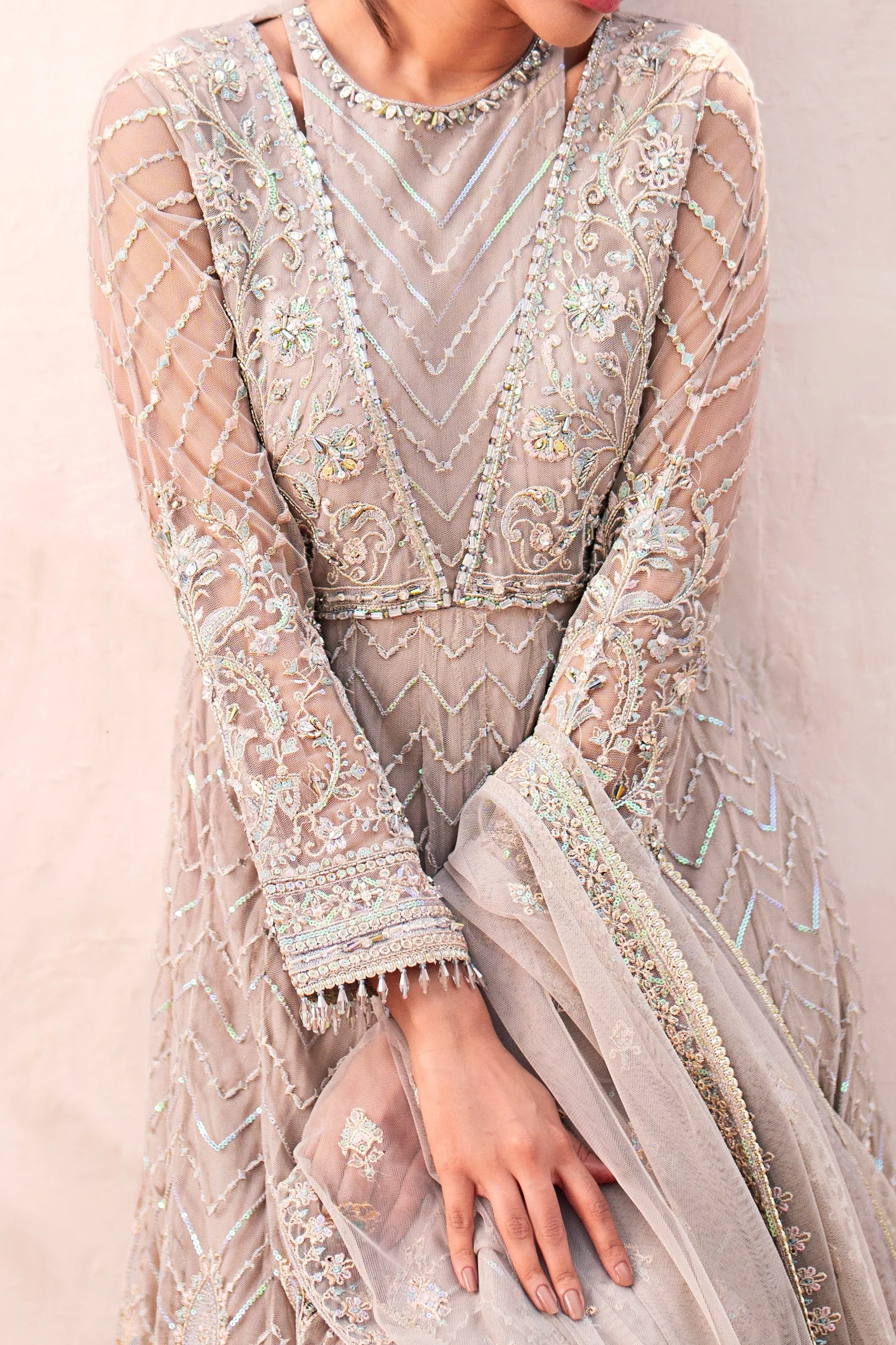 Heavily Embellished Grey Shade Pakistani Wedding Dress in Gown Style
