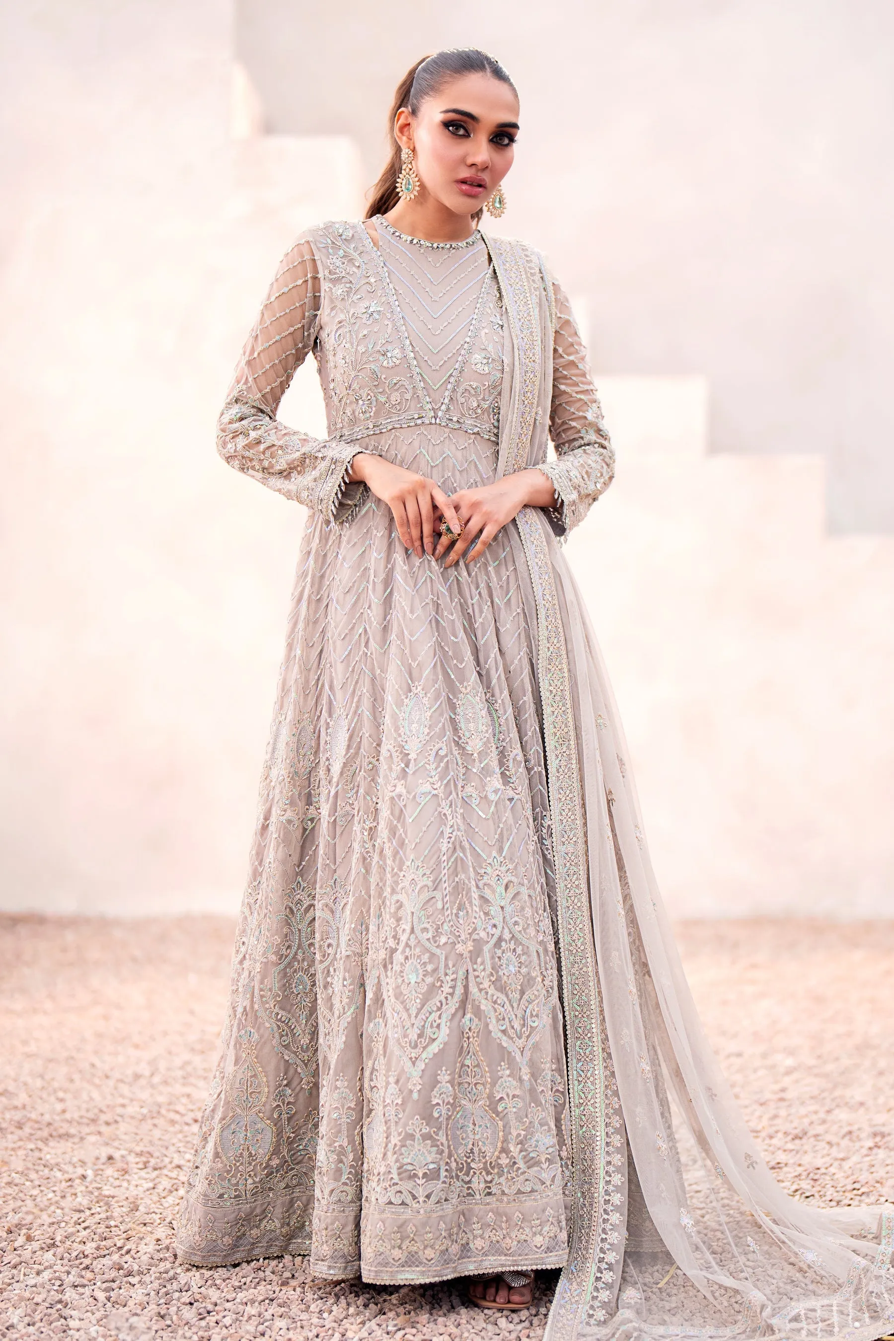 Heavily Embellished Grey Shade Pakistani Wedding Dress in Gown Style