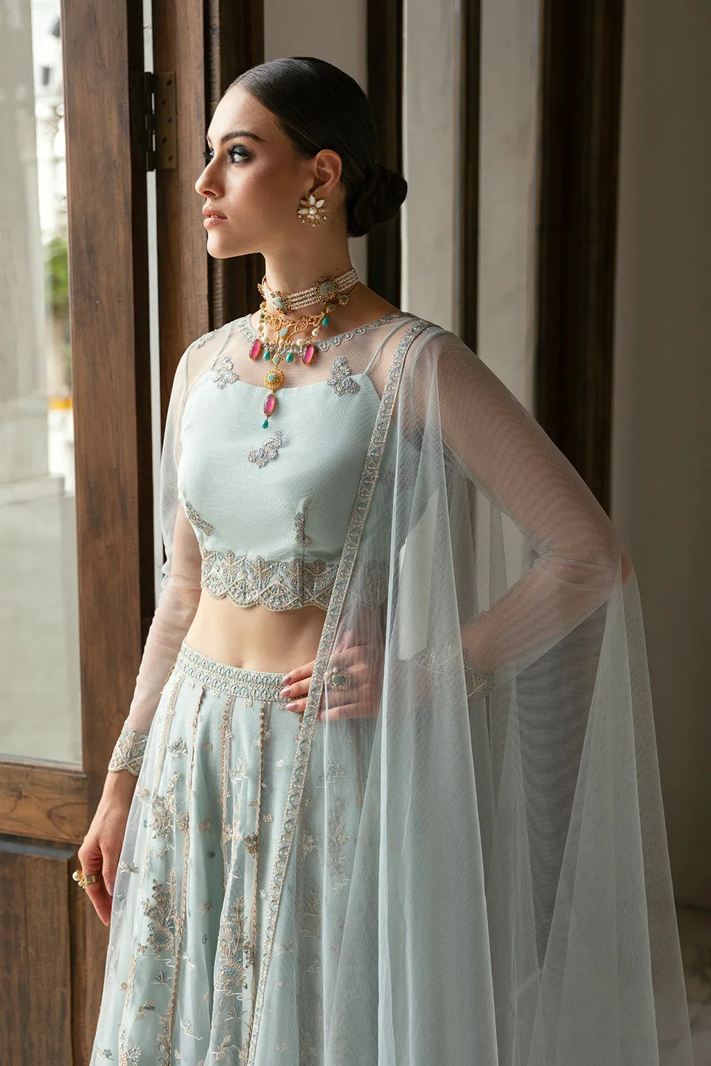 Heavily Embellished Ice Blue Pakistani Wedding Dress Lehenga Choli