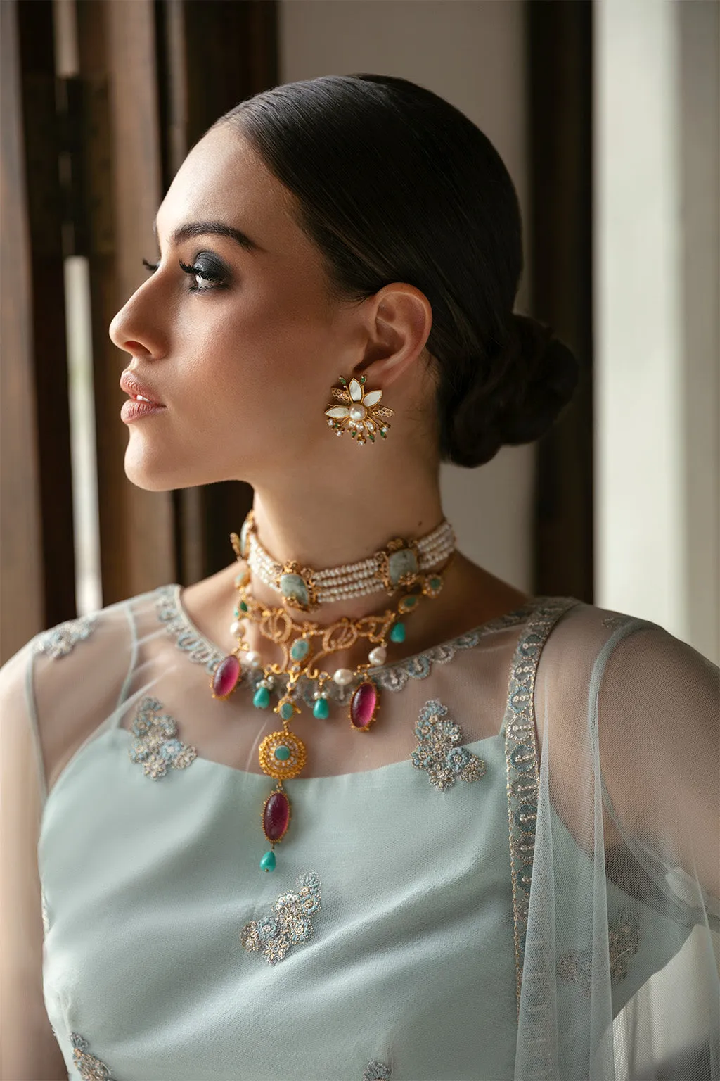 Heavily Embellished Ice Blue Pakistani Wedding Dress Lehenga Choli