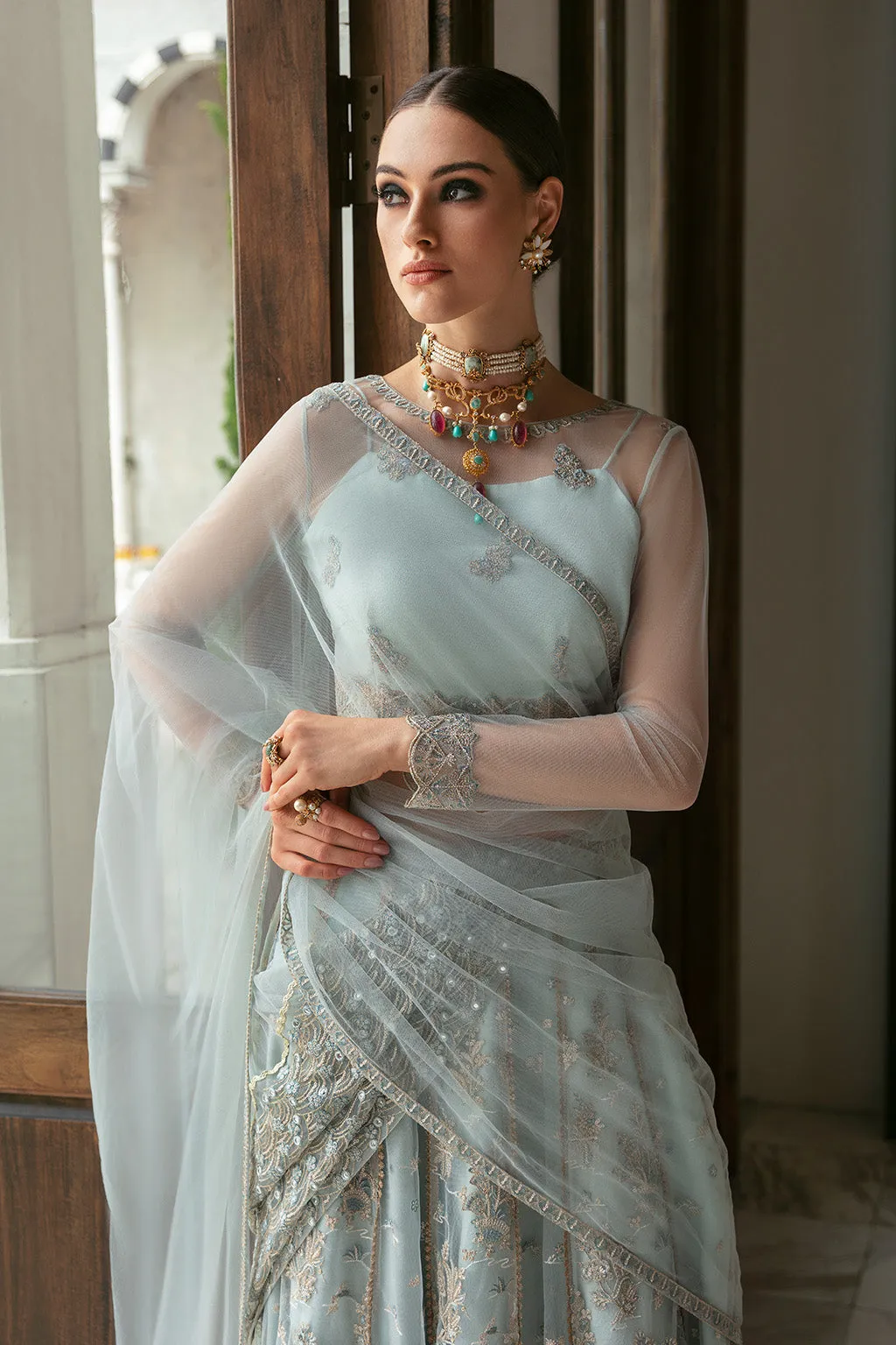 Heavily Embellished Ice Blue Pakistani Wedding Dress Lehenga Choli