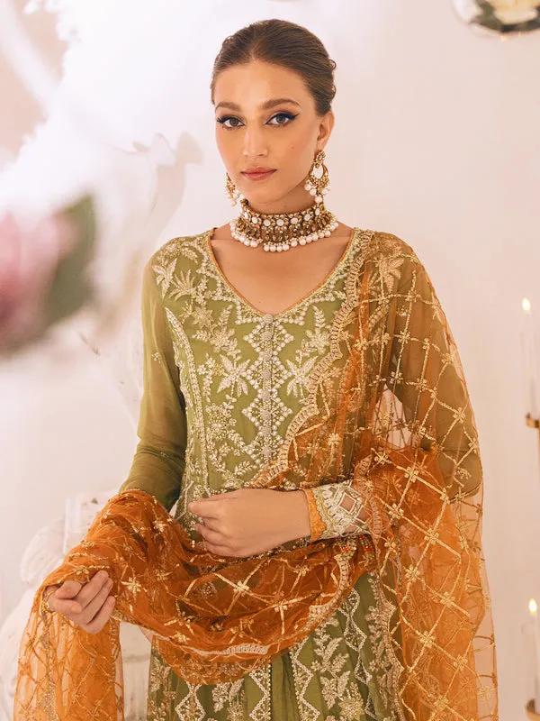 Heavily Embellished Pakistani Wedding Dress in Mehndi Green Pishwas
