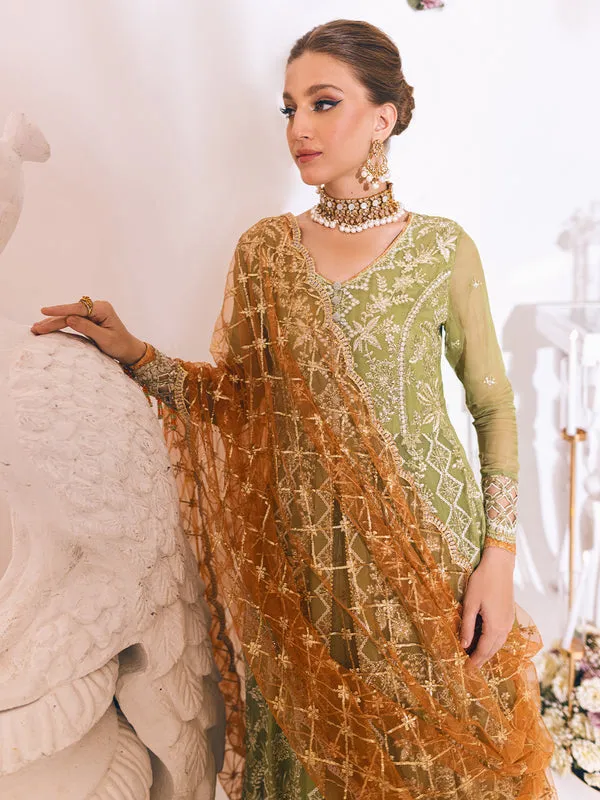 Heavily Embellished Pakistani Wedding Dress in Mehndi Green Pishwas