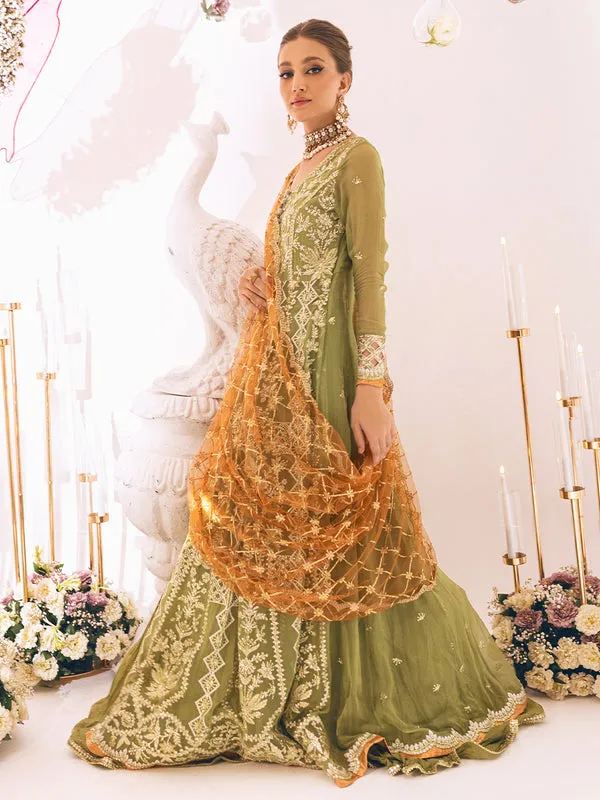 Heavily Embellished Pakistani Wedding Dress in Mehndi Green Pishwas