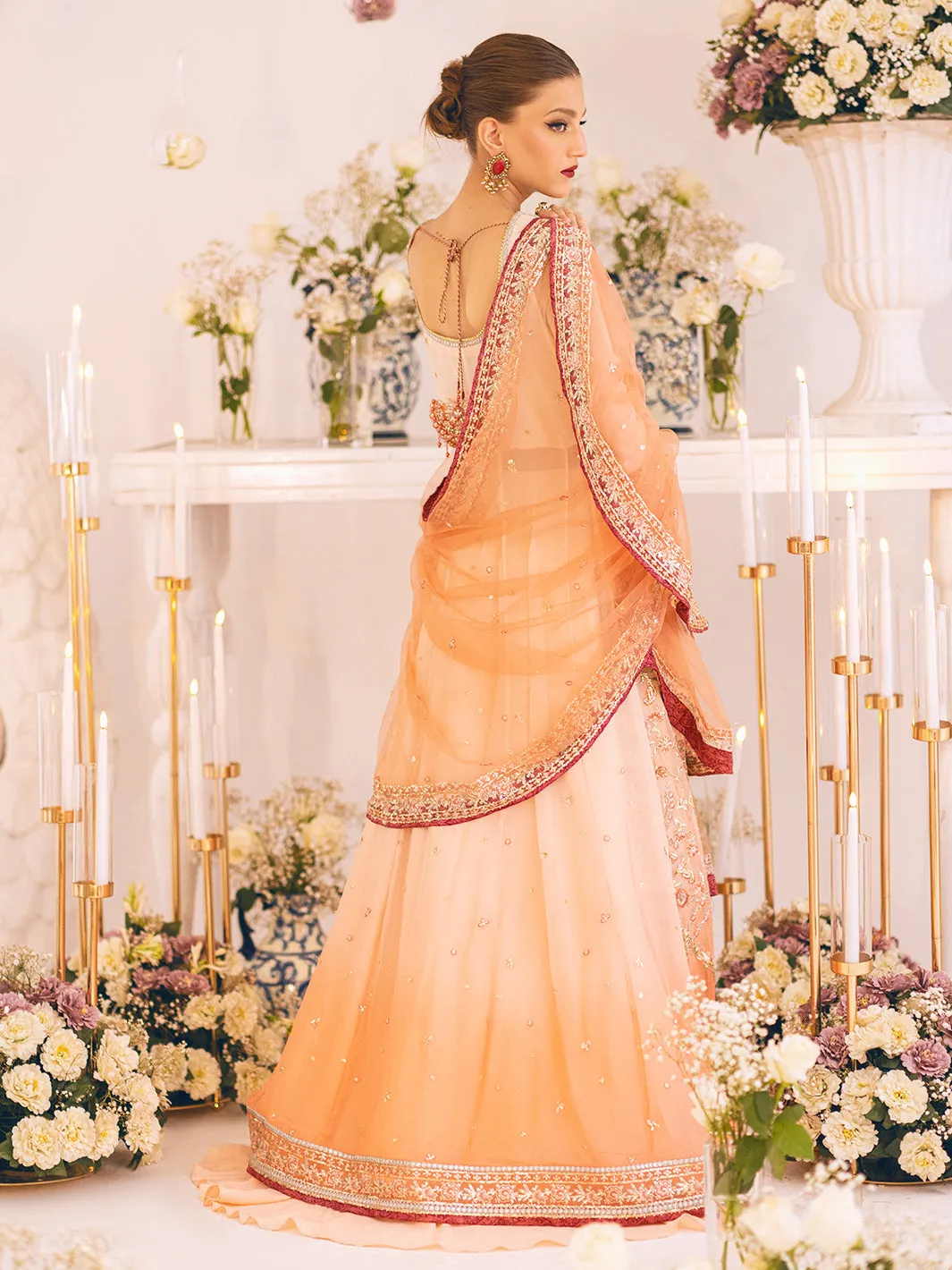 Heavily Embellished Peach Pakistani Wedding Dress Pishwas Lehenga