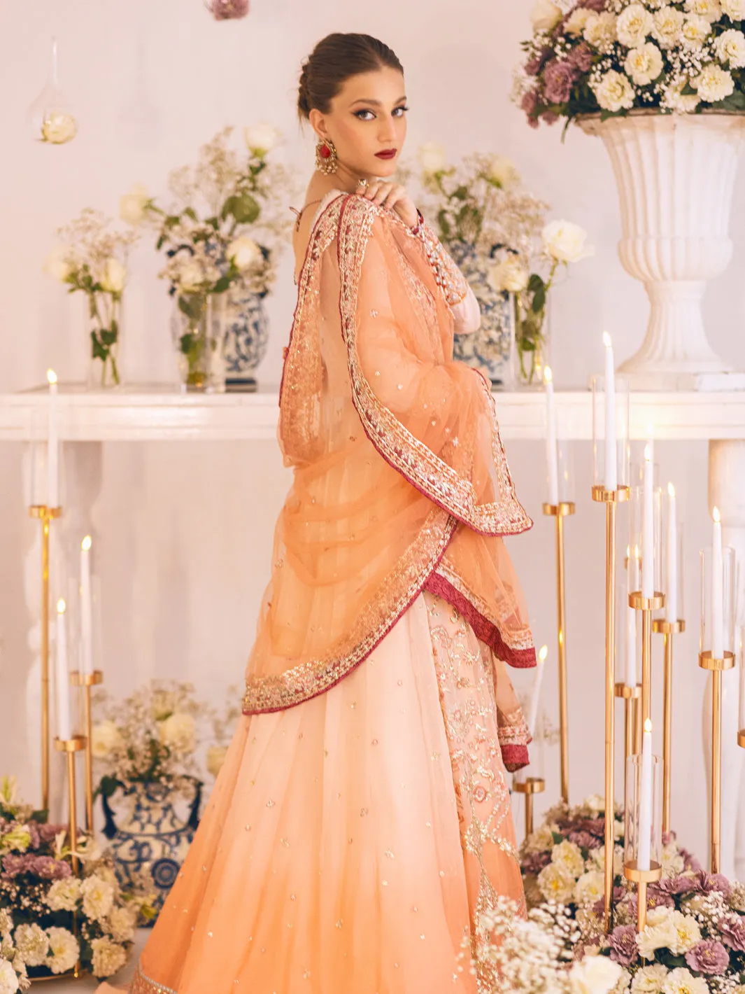 Heavily Embellished Peach Pakistani Wedding Dress Pishwas Lehenga