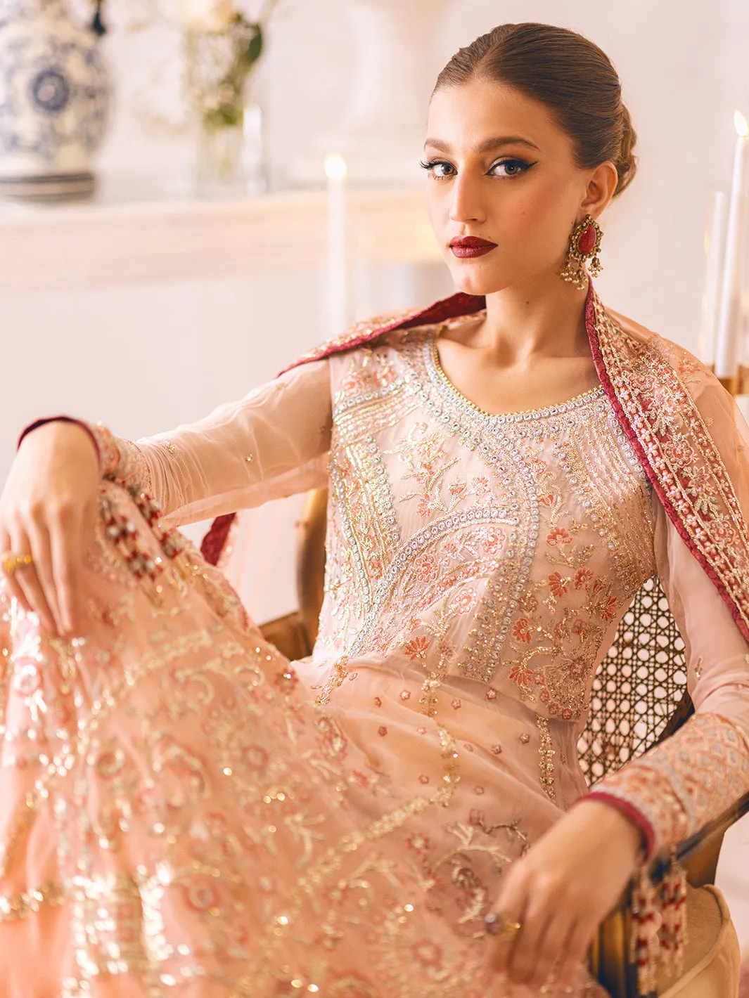 Heavily Embellished Peach Pakistani Wedding Dress Pishwas Lehenga