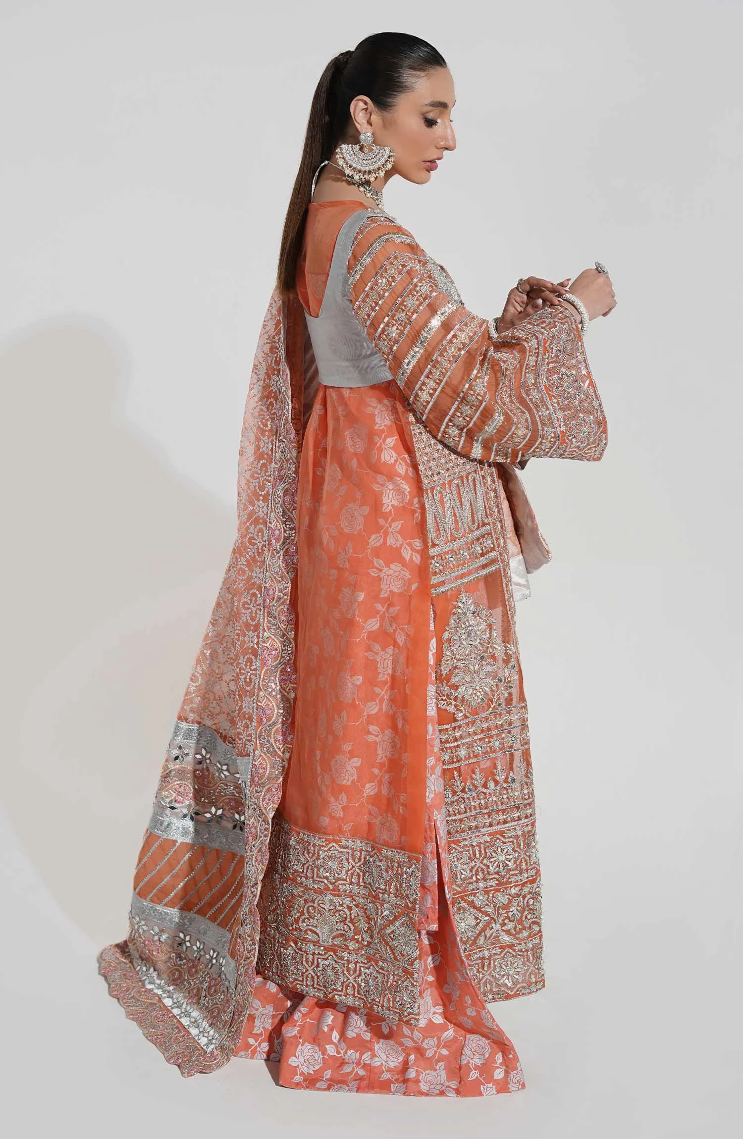 Heavily Embroidered Peach Pakistani Pishwas Lehenga Wedding Dress