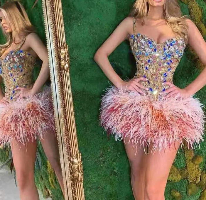 High Neck Feathers Short Prom Luxury Mini Dresses
