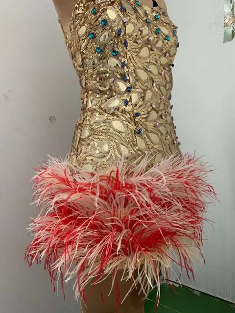 High Neck Feathers Short Prom Luxury Mini Dresses
