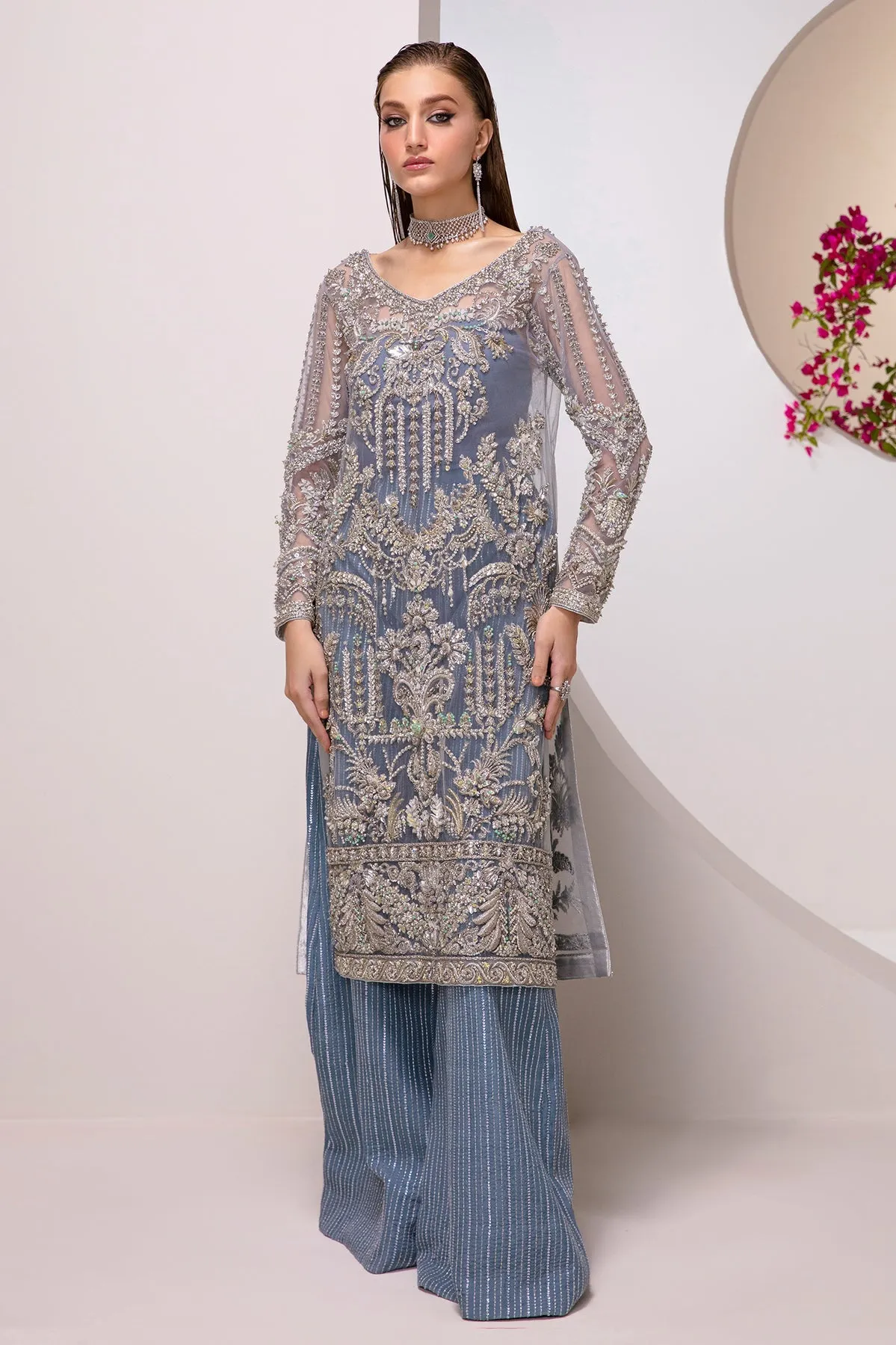 Ice Blue Embroidered Pakistani Wedding Dress in Kameez Gaharara Style