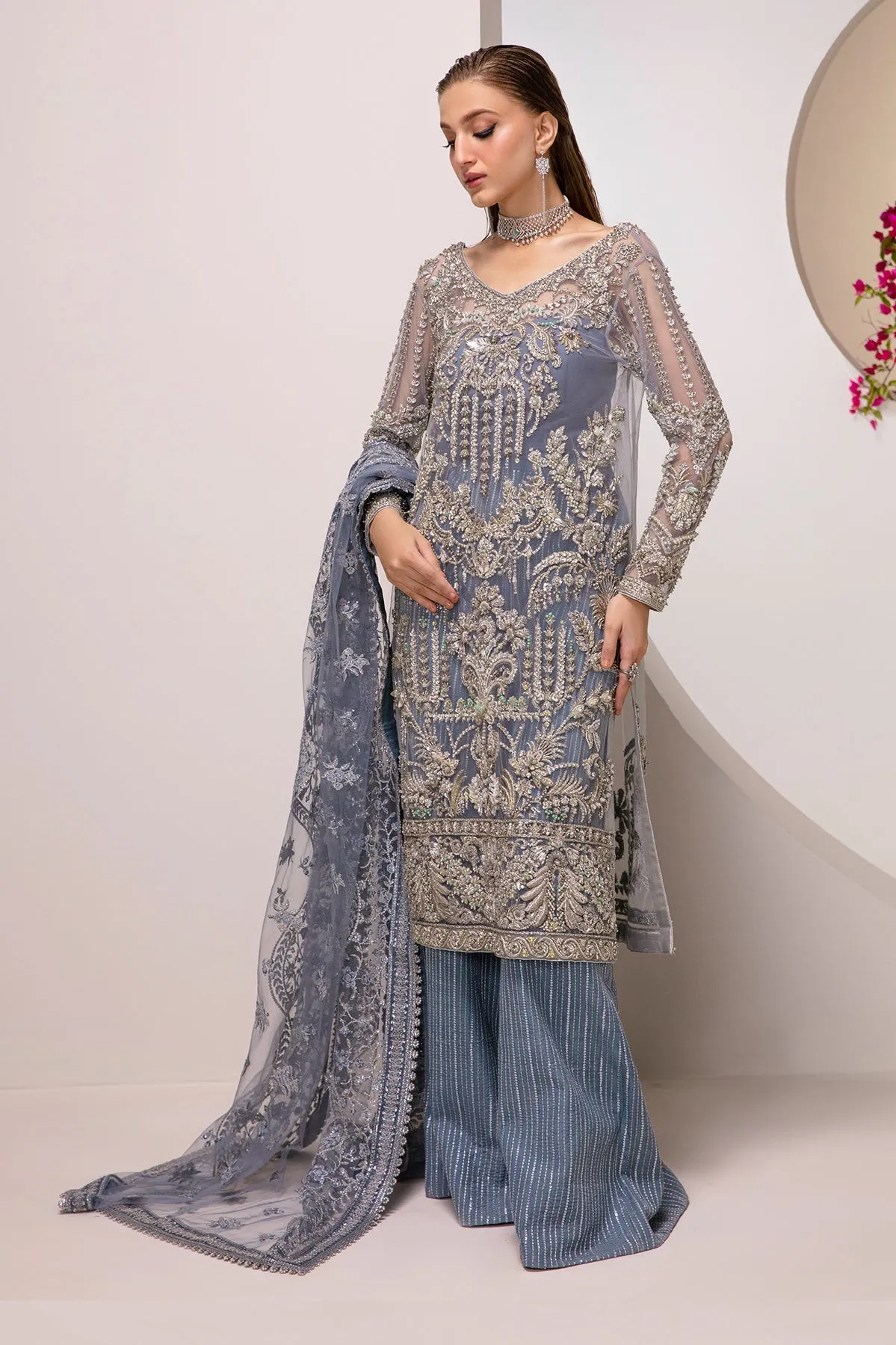 Ice Blue Embroidered Pakistani Wedding Dress in Kameez Gaharara Style