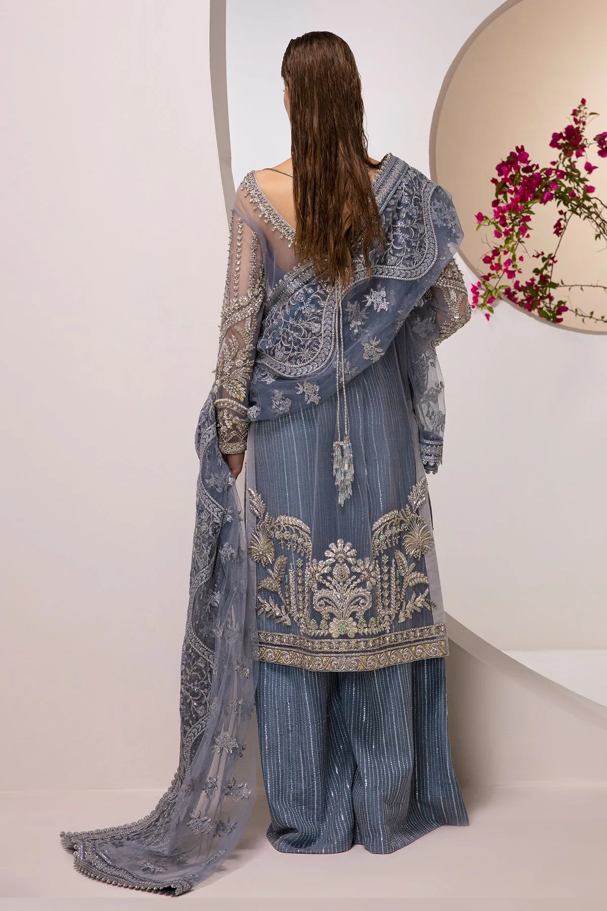 Ice Blue Embroidered Pakistani Wedding Dress in Kameez Gaharara Style