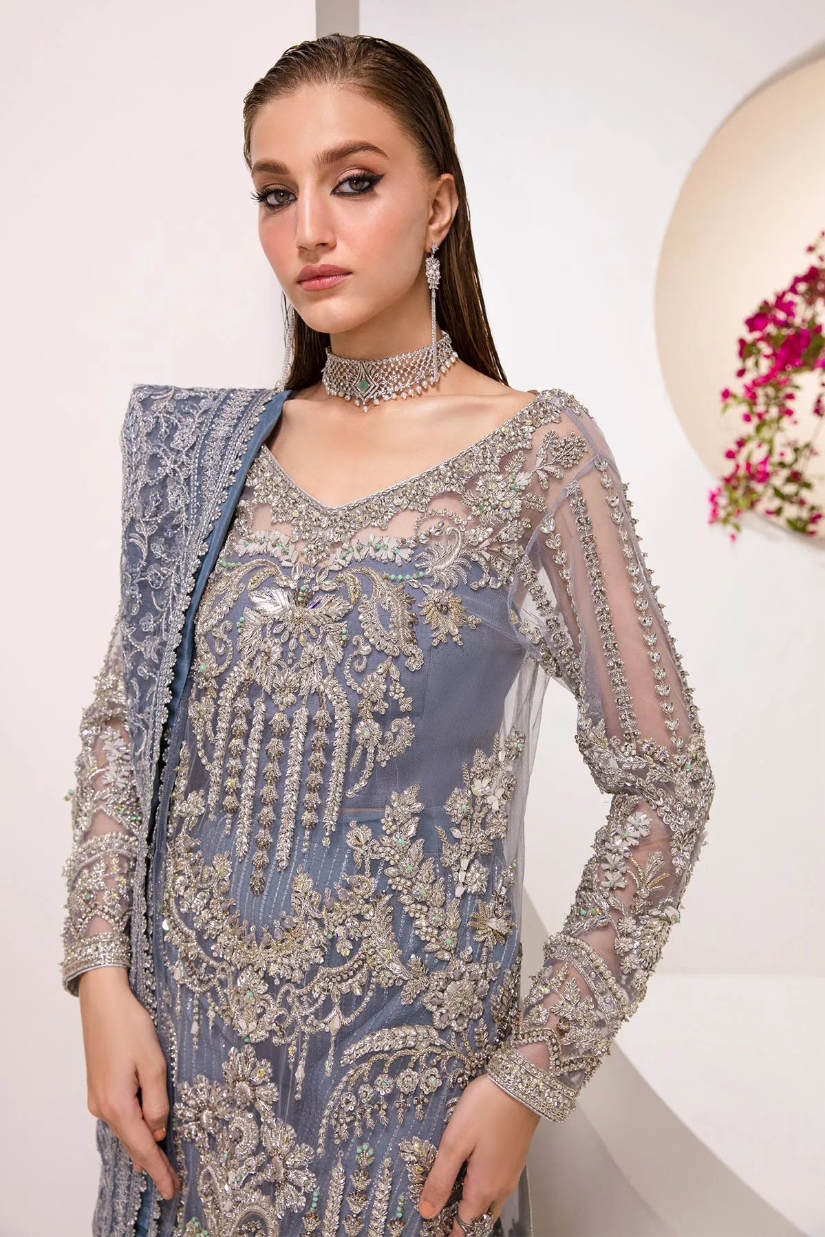 Ice Blue Embroidered Pakistani Wedding Dress in Kameez Gaharara Style