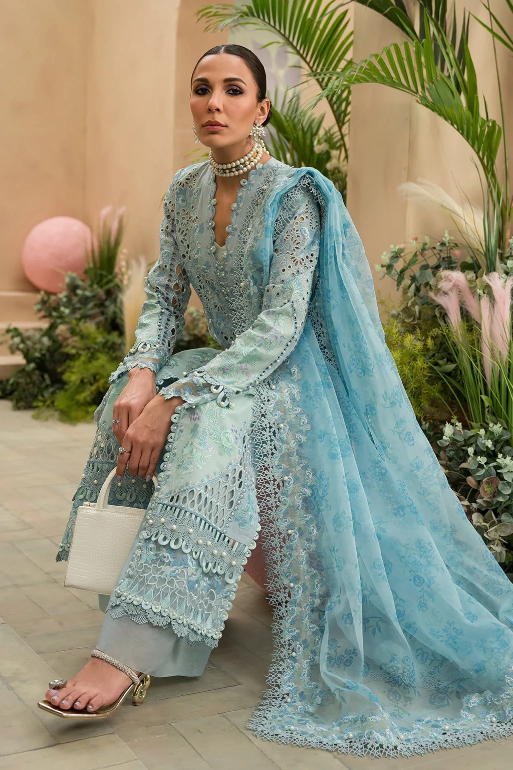 Ice Blue Heavily Embellished Gown Style Pakistani Party Dress