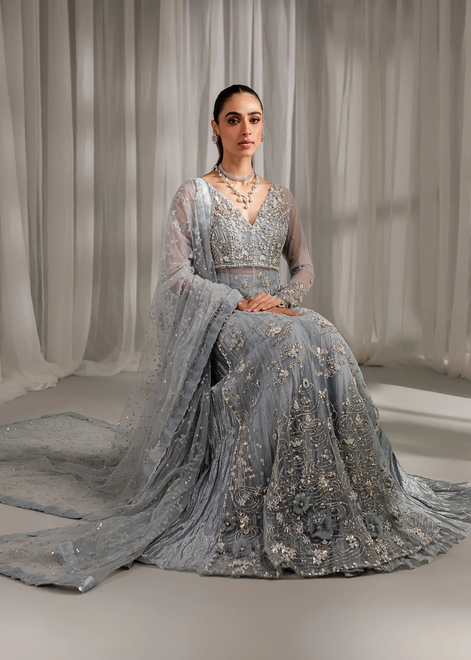 Ice Blue Shade Heavy Embroidered Sharara Shirt Pakistani Wedding Dress