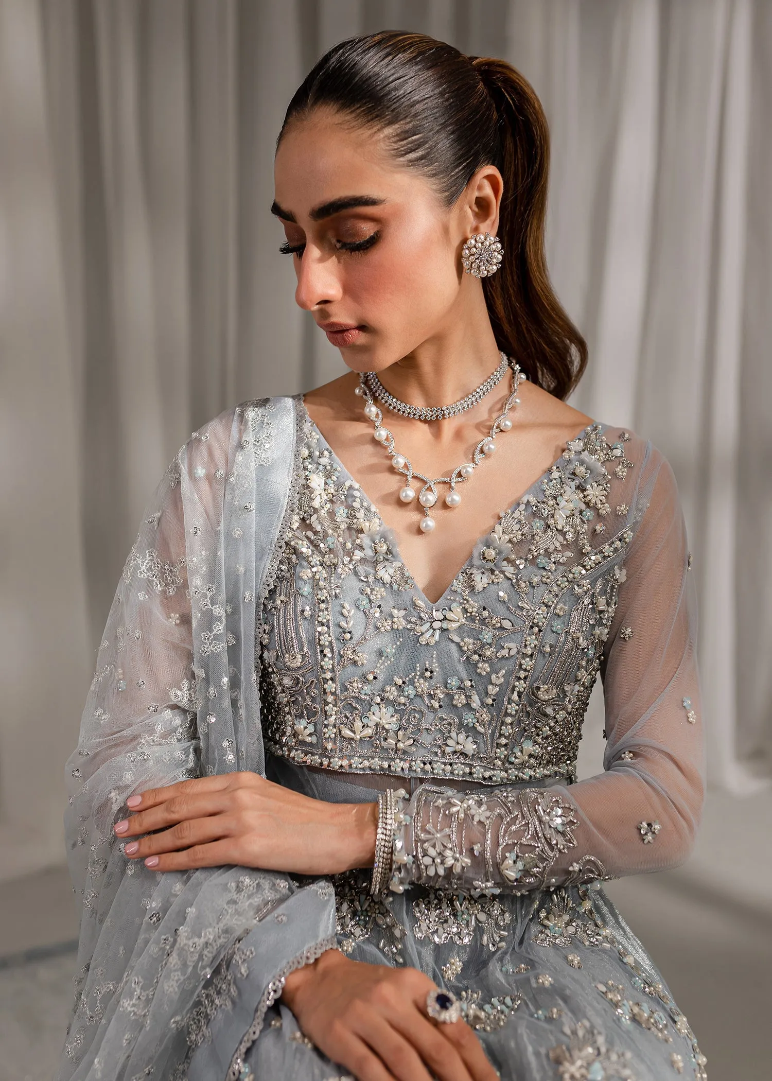 Ice Blue Shade Heavy Embroidered Sharara Shirt Pakistani Wedding Dress