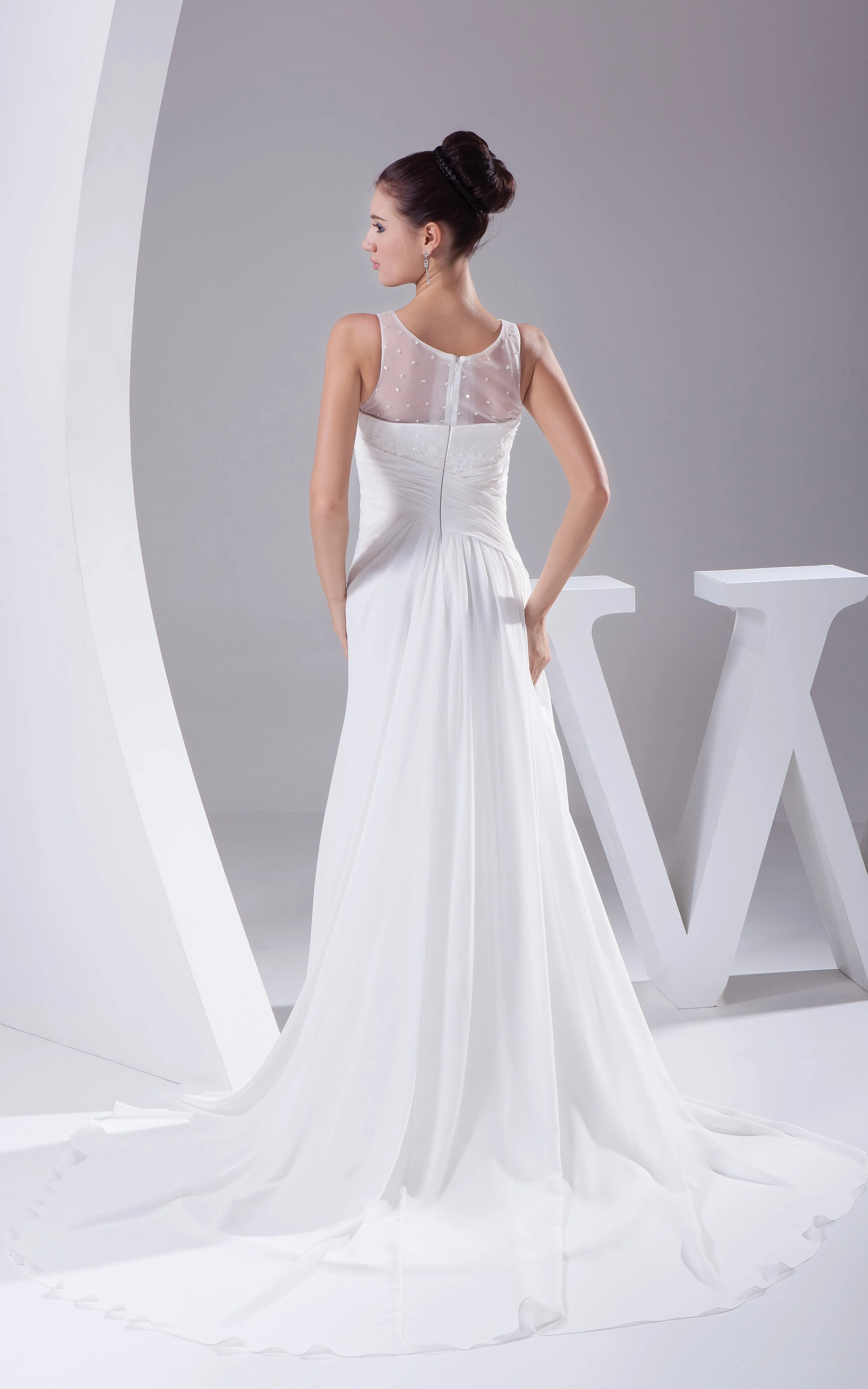 Illusion-Neck Criss-Cross Ruched Chiffon Dress With Beading-GC_707681