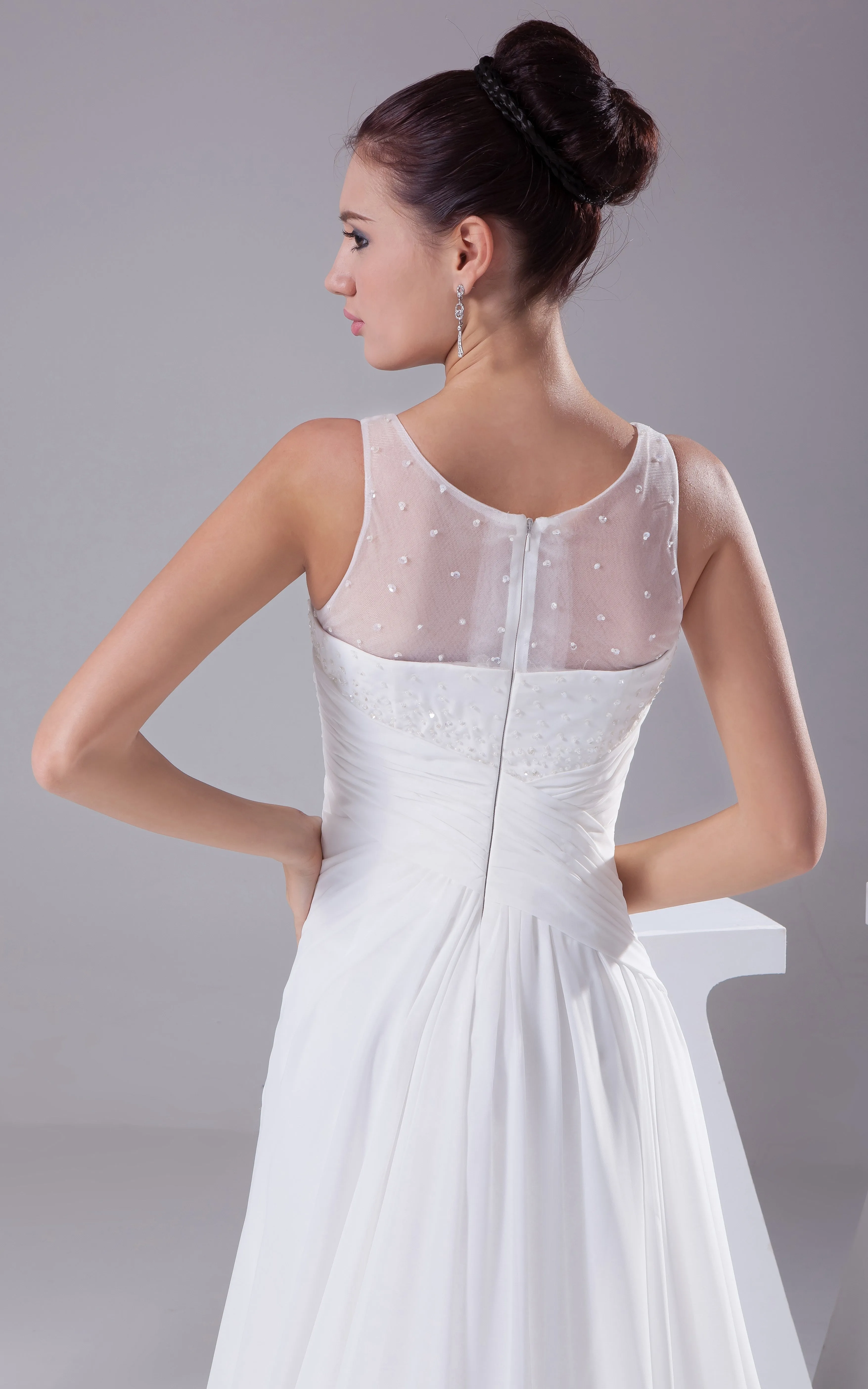Illusion-Neck Criss-Cross Ruched Chiffon Dress With Beading-GC_707681