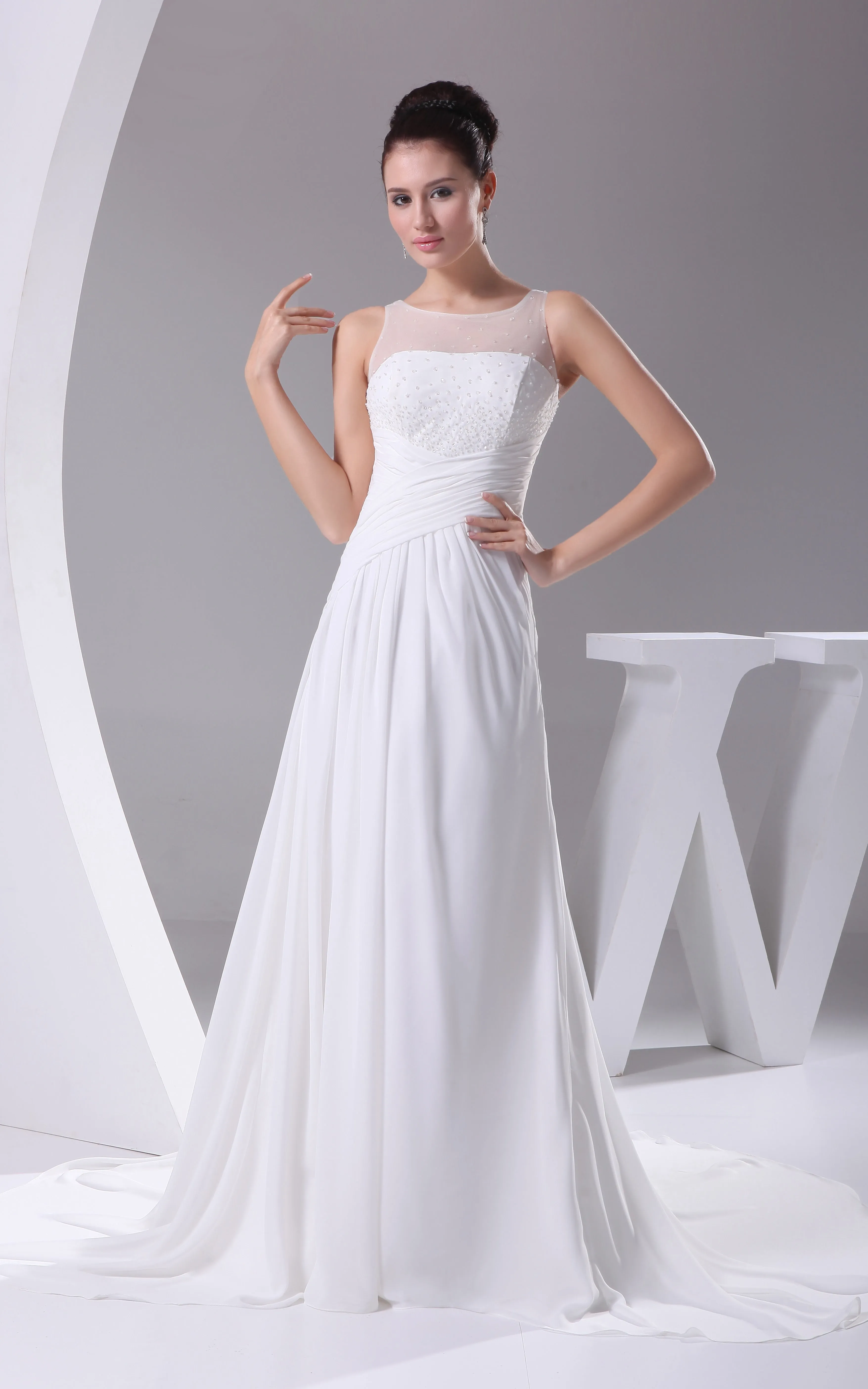 Illusion-Neck Criss-Cross Ruched Chiffon Dress With Beading-GC_707681