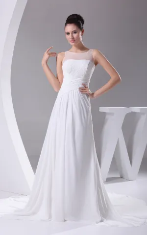 Illusion-Neck Criss-Cross Ruched Chiffon Dress With Beading-GC_707681