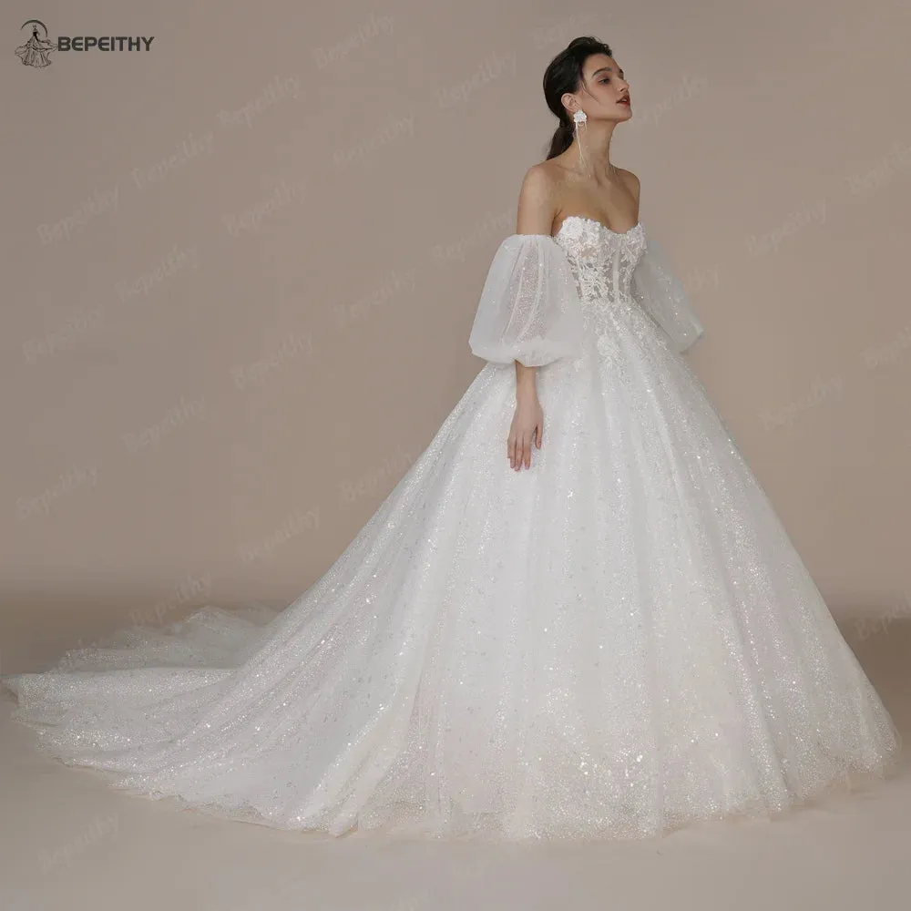 Ivory Glitter Wedding Dresses For Women Court Train Bride 3D Flower