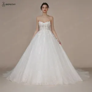 Ivory Glitter Wedding Dresses For Women Court Train Bride 3D Flower