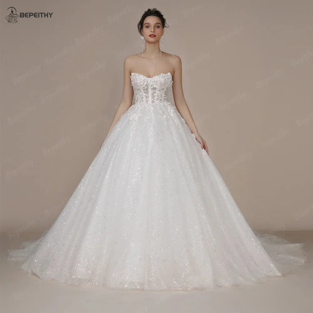 Ivory Glitter Wedding Dresses For Women Court Train Bride 3D Flower