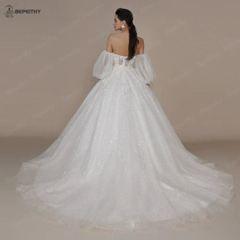 Ivory Glitter Wedding Dresses For Women Court Train Bride 3D Flower