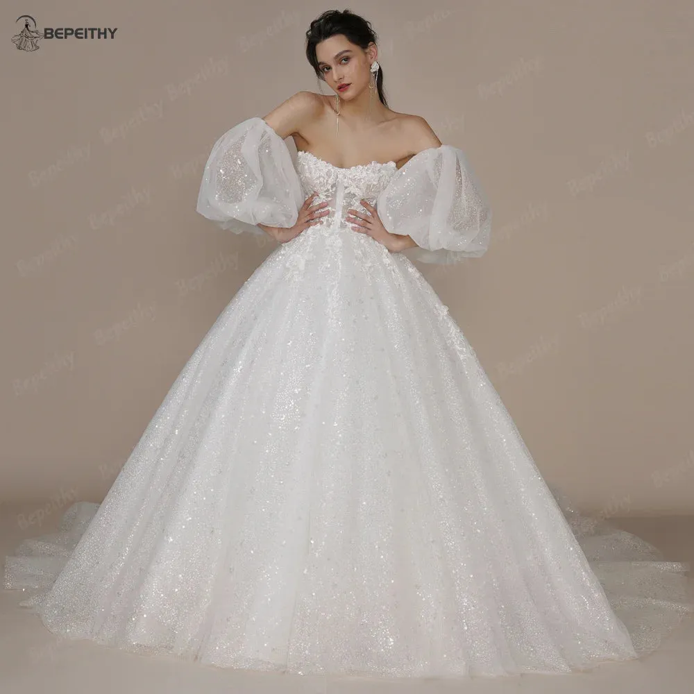 Ivory Glitter Wedding Dresses For Women Court Train Bride 3D Flower
