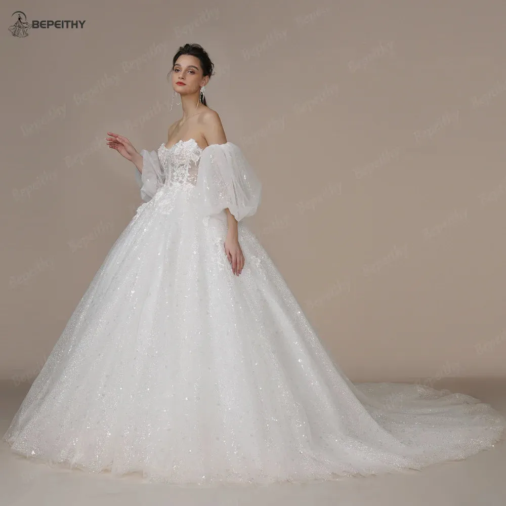 Ivory Glitter Wedding Dresses For Women Court Train Bride 3D Flower