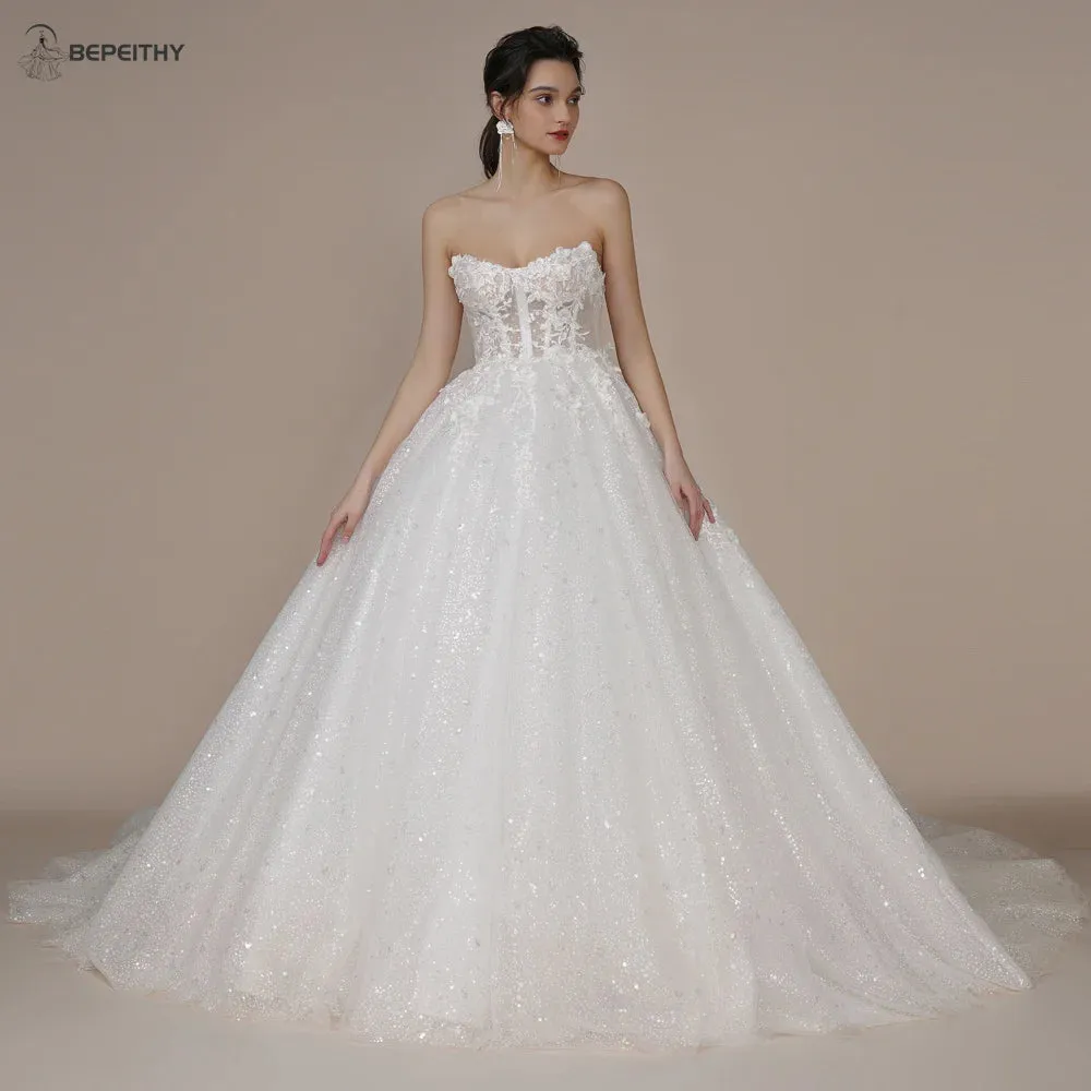 Ivory Glitter Wedding Dresses For Women Court Train Bride 3D Flower