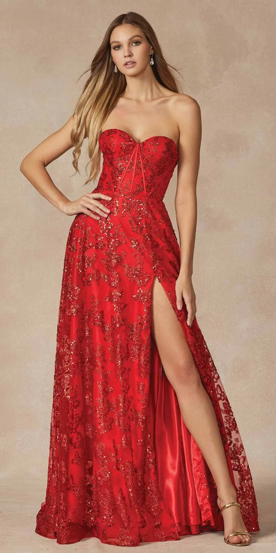 Juliet 2403 Long Butterfly Glitter Embroidered Gown with Corset Top