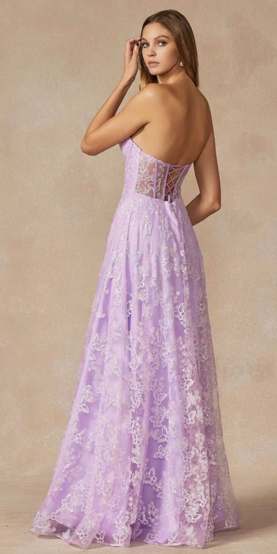 Juliet 2403 Long Butterfly Glitter Embroidered Gown with Corset Top
