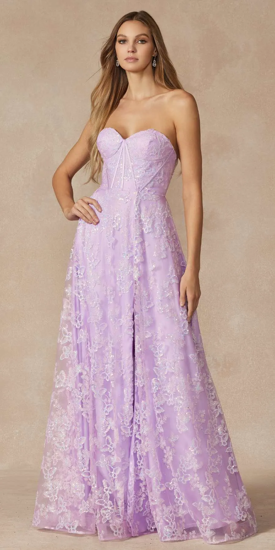Juliet 2403 Long Butterfly Glitter Embroidered Gown with Corset Top