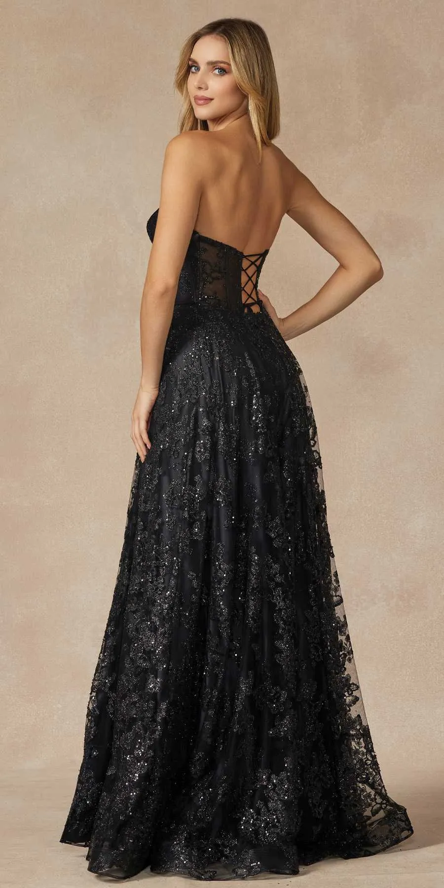 Juliet 2403 Long Butterfly Glitter Embroidered Gown with Corset Top