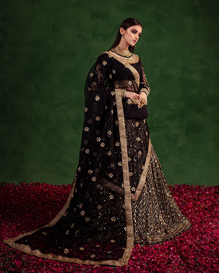 Korean Silk Black Lehenga Choli for Pakistani Wedding Dresses