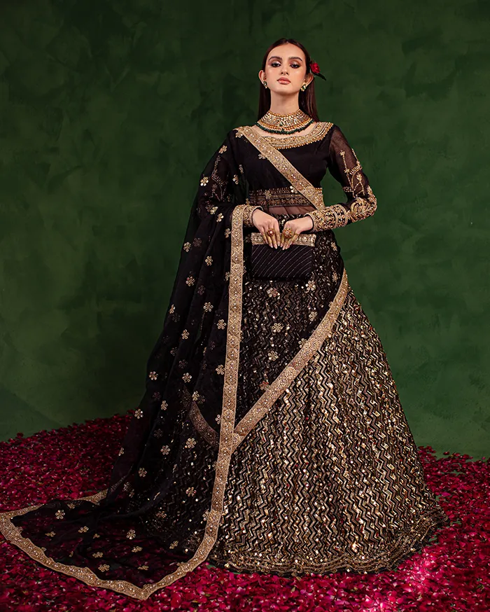 Korean Silk Black Lehenga Choli for Pakistani Wedding Dresses