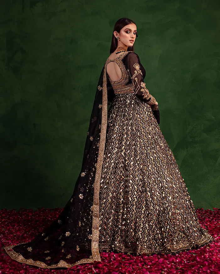 Korean Silk Black Lehenga Choli for Pakistani Wedding Dresses