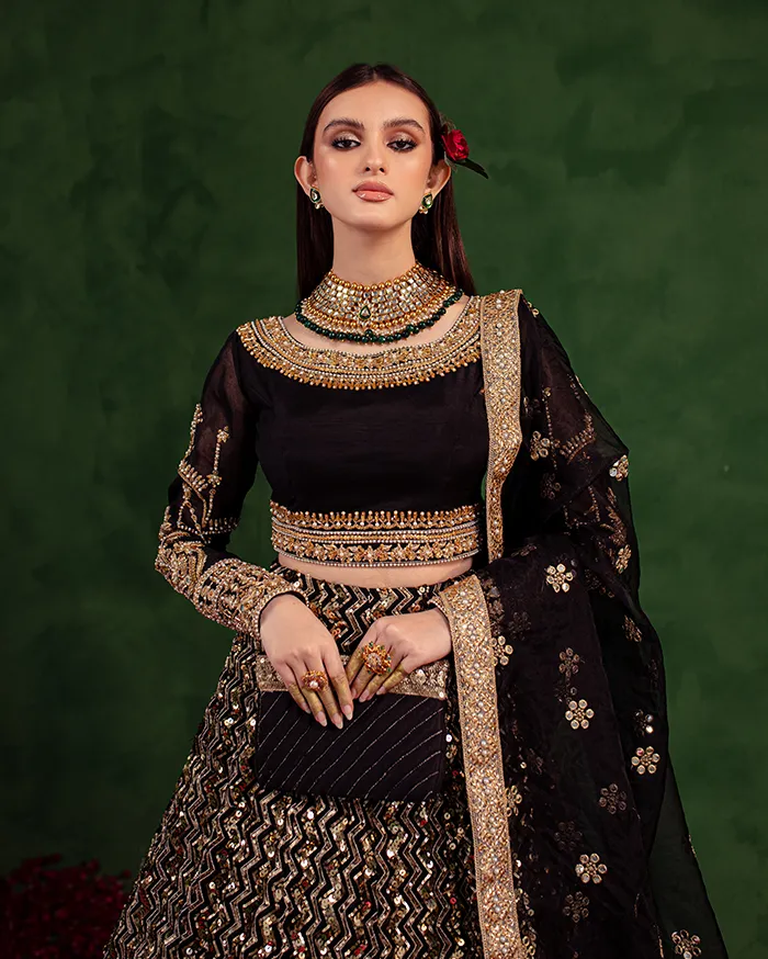 Korean Silk Black Lehenga Choli for Pakistani Wedding Dresses