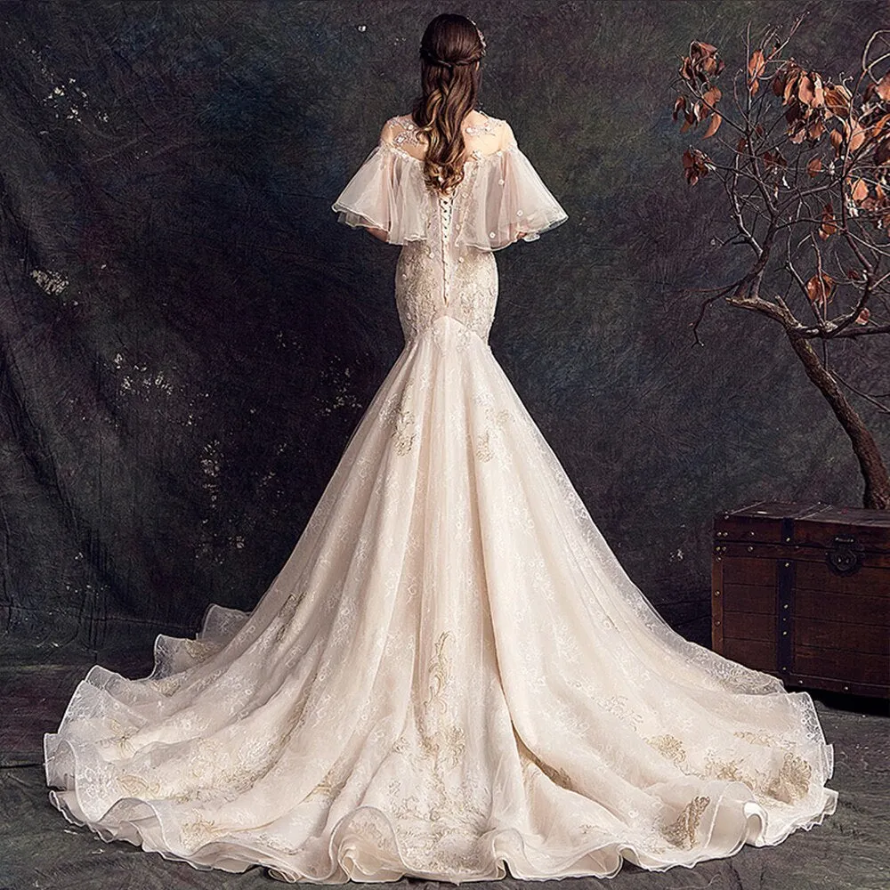 Lace Flowers Mermaid Wedding Dress