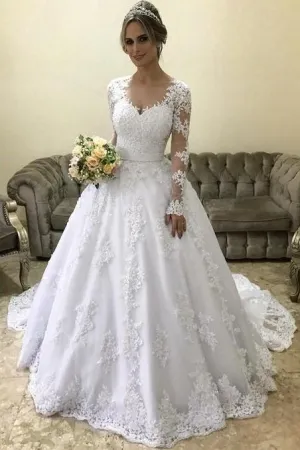 Lace Long-sleeves Winter Wedding Dress with Illusion Neckline