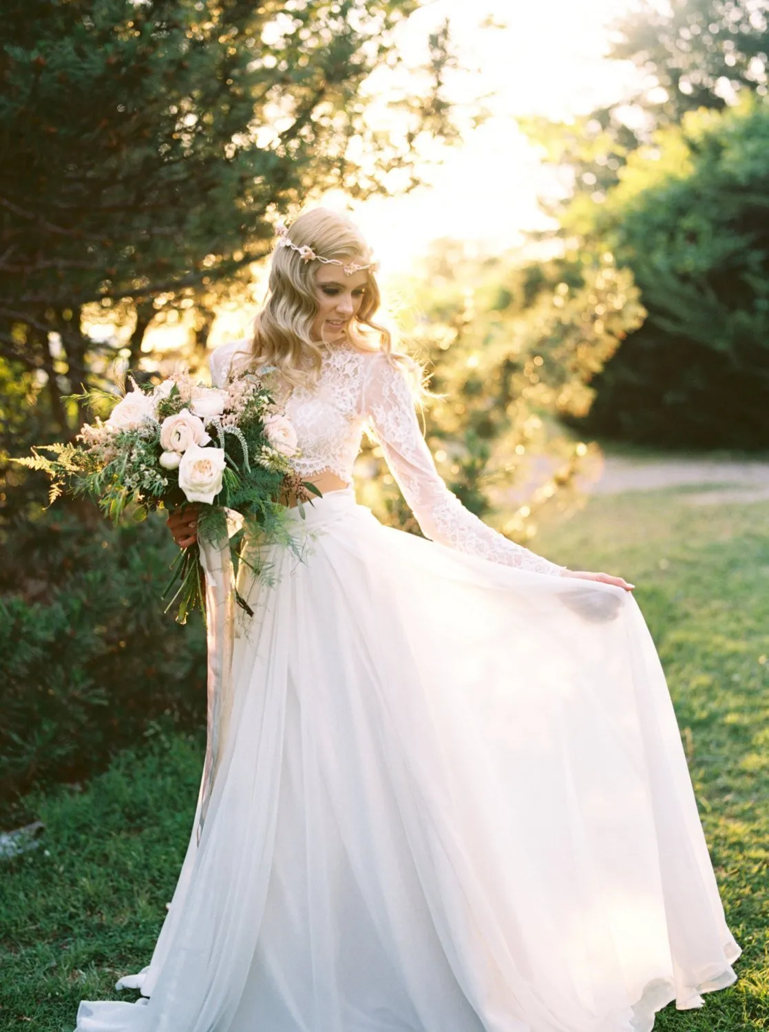 Lace Separates Two Piece Wedding Dress with Chiffon Skirt